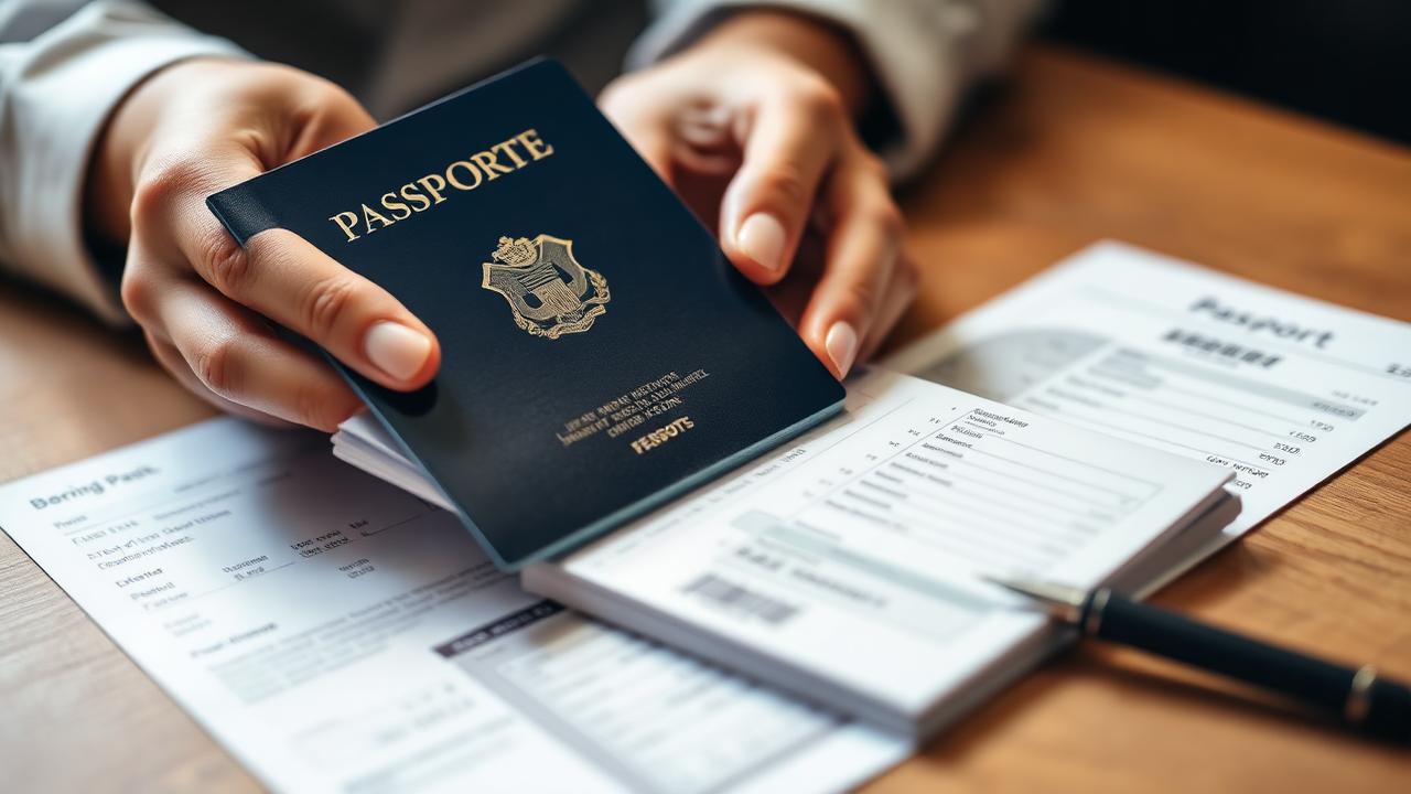 Passeport biométrique français tenu en main au-dessus de documents de voyage