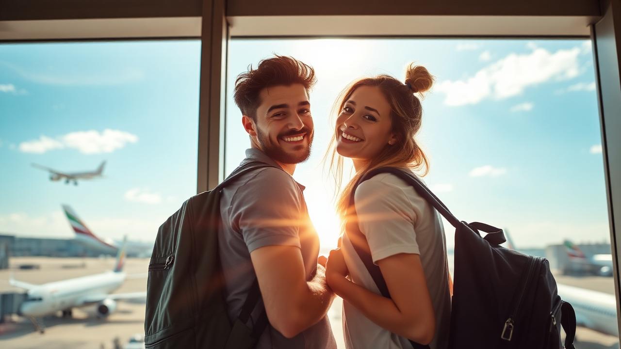 Deux voyageurs souriants avec leurs sacs à dos devant les baies vitrées d'un aéroport ensoleillé